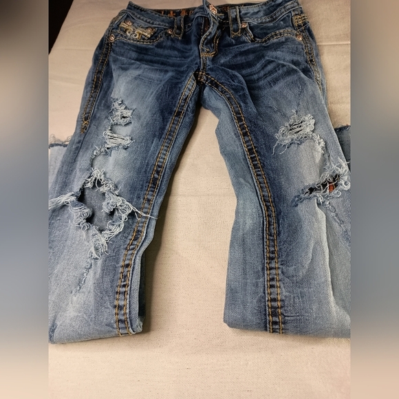 Rock Revival Distressed Thrash Grunge Blue Designer Jeans (#259) - Picture 6 of 11